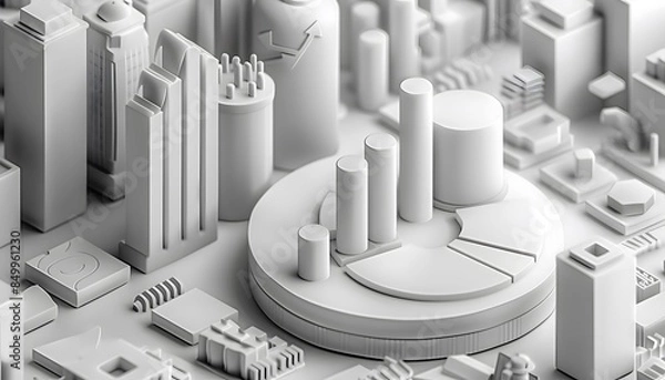 Fototapeta A cityscape with tall buildings and a white circle with a pie chart on it