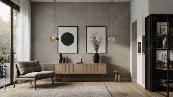 Obraz Modern minimalist living room with wooden furniture, abstract wall art, and large windows. The room features a comfortable chair, a sideboard with decorative vases, and pendant lights.