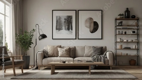 Obraz A modern living room with a sofa, wooden coffee table, and minimalist decor. The room features framed art pieces on the wall, a floor lamp, a potted plant, and a shelving unit with various items