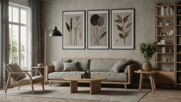 Obraz A modern living room with a sofa, wooden coffee table, and minimalist decor. The room features framed art pieces on the wall, a floor lamp, a potted plant, and a shelving unit with various items