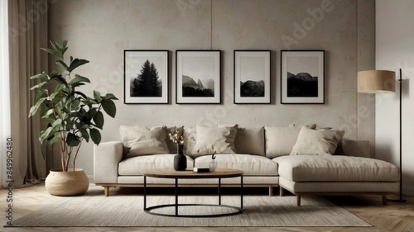 Obraz A modern living room with a sofa, wooden coffee table, and minimalist decor. The room features framed art pieces on the wall, a lamp, a potted plant.