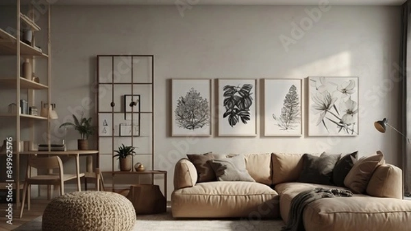Obraz A modern living room with a sofa, wooden coffee table, and minimalist decor. The room features framed art pieces on the wall, a floor lamp, a potted plant, and a shelving unit with various items