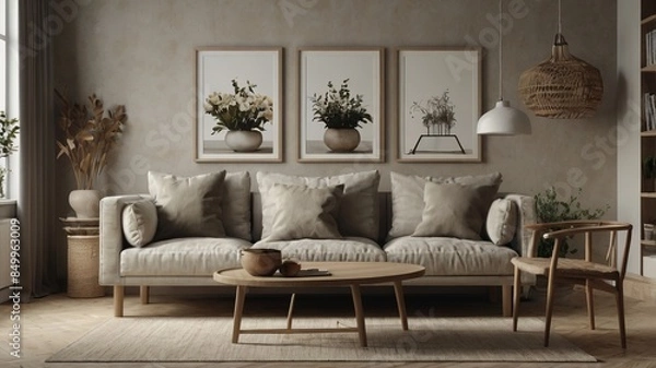 Obraz A modern living room with a sofa, wooden coffee table, and minimalist decor. The room features framed art pieces on the wall, a lamp, a potted plant.