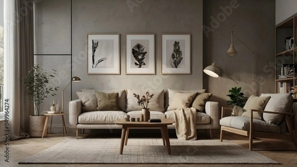 Obraz A modern living room with a sofa, wooden coffee table, and minimalist decor. The room features framed art pieces on the wall, a floor lamp, a potted plant, and a shelving unit with various items