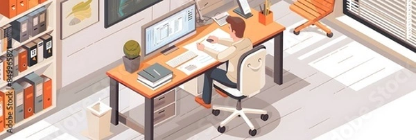 Obraz A man is sitting at a desk with a computer and a chair