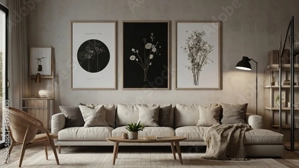Obraz A modern living room with a sofa, wooden coffee table, and minimalist decor. The room features framed art pieces on the wall, a floor lamp, a potted plant, and a shelving unit with various items