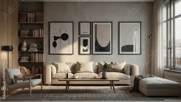 Obraz A modern living room with a sofa, wooden coffee table, and minimalist decor. The room features framed art pieces on the wall, a lamp, a potted plant.