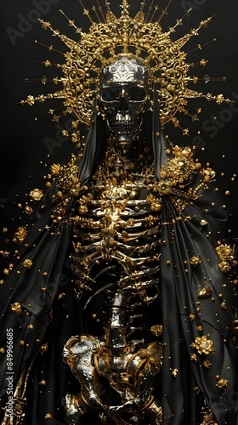 Fototapeta Ornate Metallic Skeletal Figure Adorned in Ominous Golden Accents against Glitchy Digital Backdrop