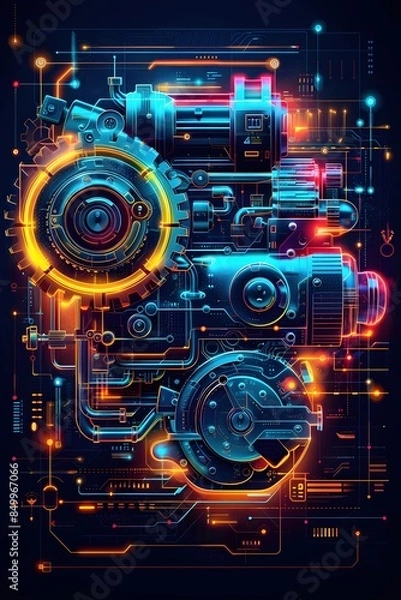 Fototapeta Vivid Mechanical Power Symbol with Smooth Flowing Gears and Pistons in Futuristic Neon Palette