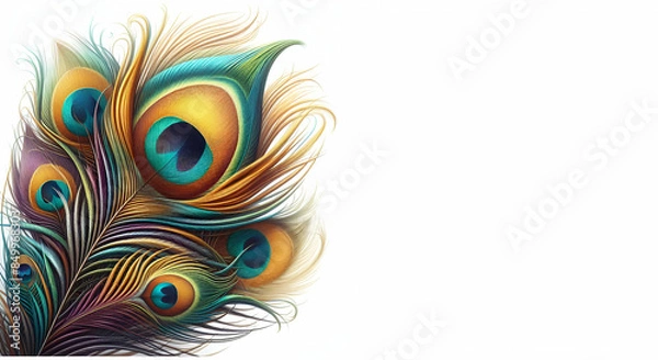 Obraz Watercolor of Decorative Peacock Feather With Vivid Shades of Blue and Gre Lohri India on White BG, generative ai