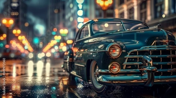 Fototapeta Classic vintage cars illuminated under the enchanting city lights during the night