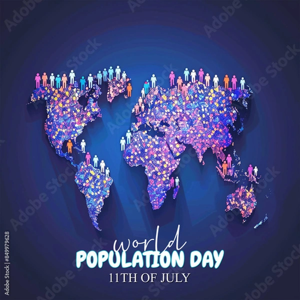 Fototapeta Vibrant World Population Day illustration featuring a glowing world map with diverse human figures, highlighting global unity and population awareness, ideal for educational and promotional use.