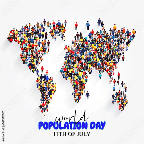 Fototapeta World Population Day poster featuring a world map composed of a dense crowd of people, highlighting the concept of population density and global community, ideal for educational and awareness purposes