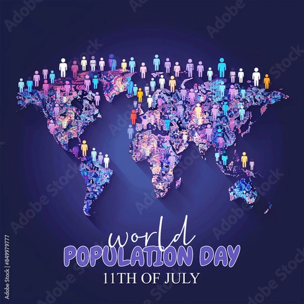 Fototapeta Vibrant World Population Day illustration featuring a glowing world map with diverse human figures, highlighting global unity and population awareness, ideal for educational and promotional use.