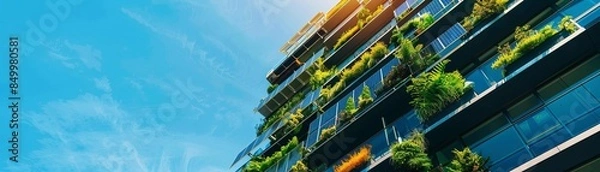 Fototapeta Building with integrated solar panels and vertical gardens, photorealistic, bright, high contrast, modern