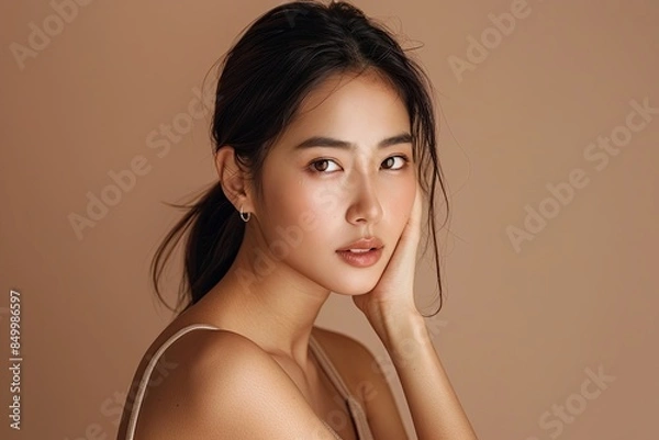 Obraz A beautiful Asian woman with her hand touching the side of her face, wearing a light beige sleeveless top, posing for a beauty commercial in a studio setting against a brown background