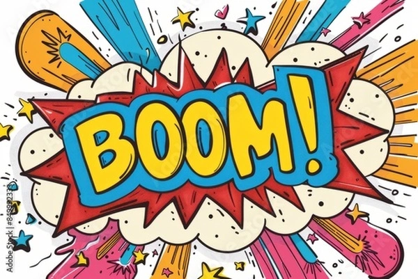 Fototapeta Cartoon cute doodles of a comic book explosion with BOOM! text, Generative AI