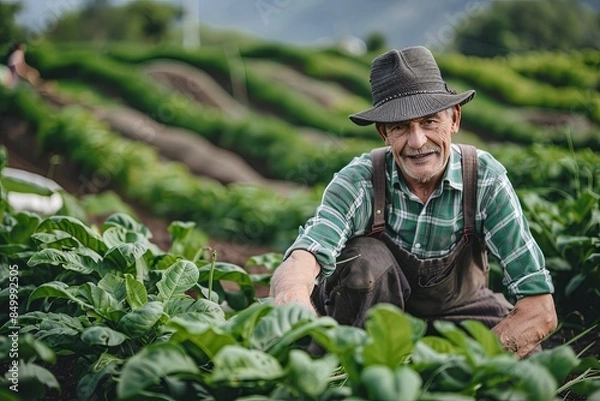 Fototapeta Male farmer working in the green field, random scenes 