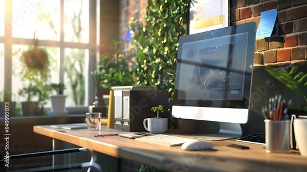 Fototapeta Computer and workspaces at home, remote working