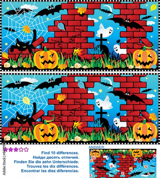 Fototapeta Visual puzzle: Find the ten differences between the two pictures - Halloween night, pumpkin field, ruines, cemetery, ghosts, bats, black cat, spider web. Answer included.
