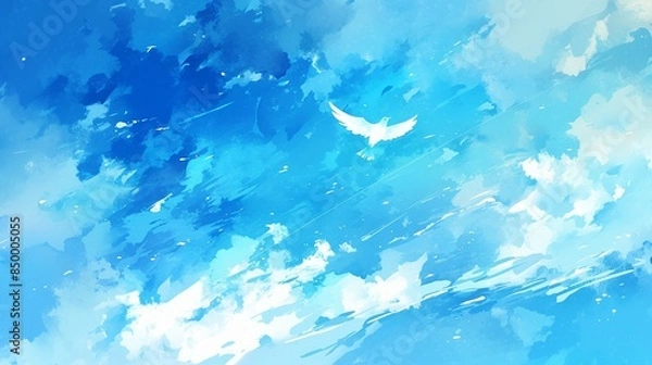 Fototapeta 青空と白い鳥、水彩画4