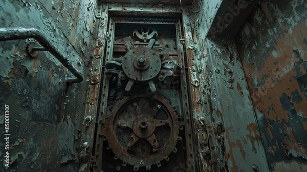 Fototapeta A dilapidated elevator shaft in a forsaken building, with peeling paint, corroded gears, and a sense of forgotten history