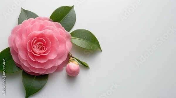 Fototapeta Camellia on white background --ar 16:9 --style raw Job ID: 88af0515-5859-470c-af5b-67cb589efaee