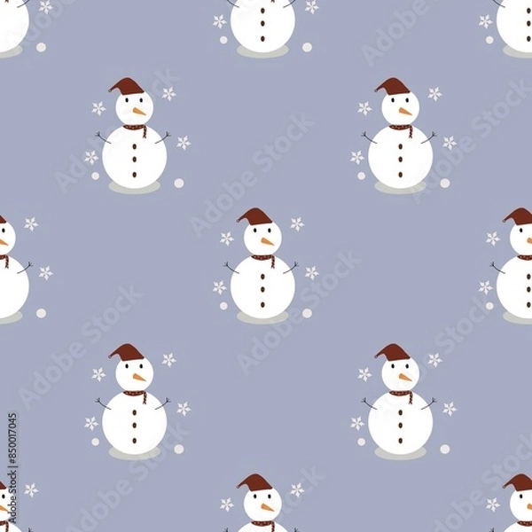 Obraz Seamless snowman pattern comes with red celebration hat and scarf, and a little snowflakes around it