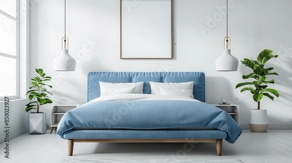 Fototapeta Blue boys bed in a minimalist bedroom, white walls, two stylish lamps, uncluttered space, modern and serene design