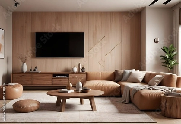 Fototapeta Photorealistic 3D visualization of a modern, cozy living room with a large, plush gray sofa, a sleek TV cabinet in a rich wood tone