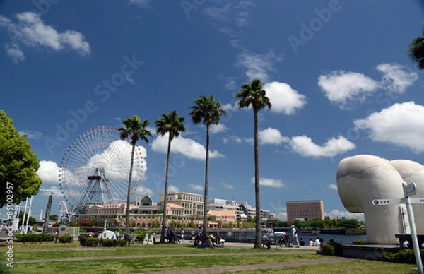 Fototapeta 初夏の横浜

初夏のみなとみらい21地区の公園、南国風の樹木の後ろに見える観覧車と商業施設。