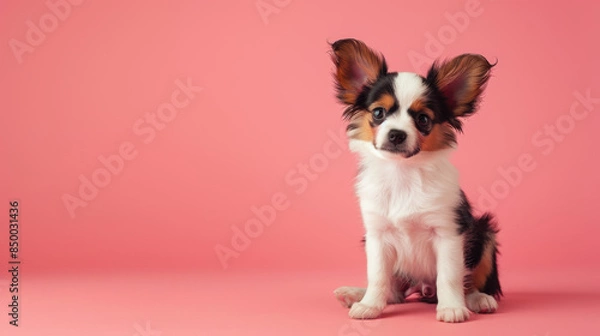 Fototapeta A small dog with brown and white fur is sitting on a pink background