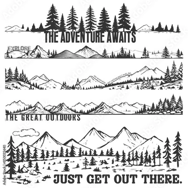 Fototapeta Set of 5 outdoor-themed mountain scenes with words; transparent backgrounds