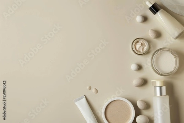 Fototapeta Neutral background with ample space for text alongside cosmetics.