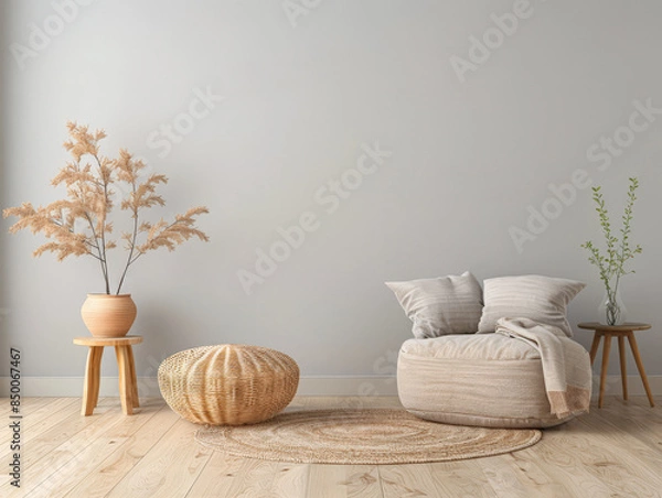 Fototapeta Living room interiors composition with minimal arrangements and ample copyspace. Home interior design composition in warm color.