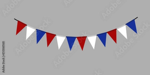 Obraz Bunting flags garland, party flags in red, white and blue colors. Patriotic pennant decoration for USA Independence Day. Vector illustration.