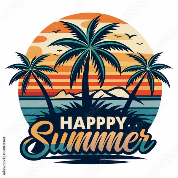 Fototapeta Vintage retro style happy summer t-shirt design with palm tree, sea beach and sunset
