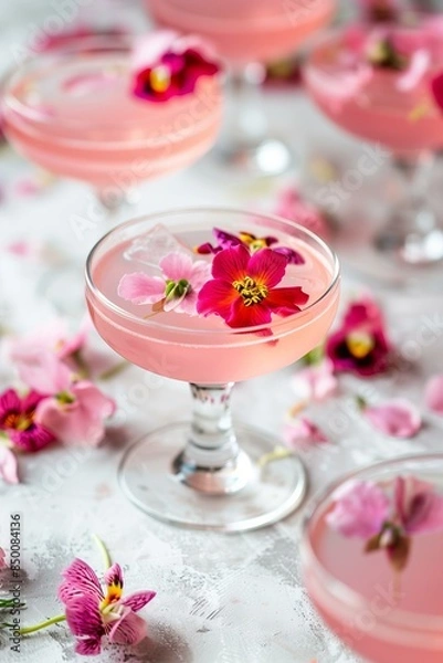 Fototapeta Multiple coupe glasses filled with pink cocktails, each garnished with a vibrant edible flower, arranged beautifully on a white surface, festive and refined