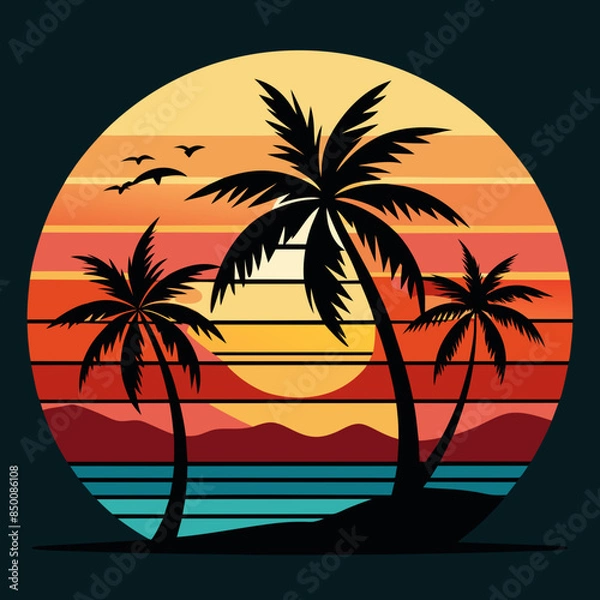 Fototapeta Vintage retro style summer T-shirt design with palm tree, sea beach and sunset