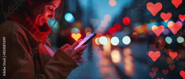 Fototapeta Hand opening social media on smartphone with heart icons popping up on blur background