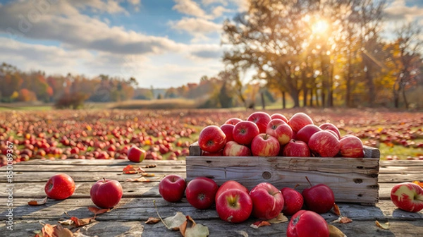 Fototapeta Crate Of Red Apples On Wooden Harvest Table With Field Trees And Sky Background - Autumn And Harvest