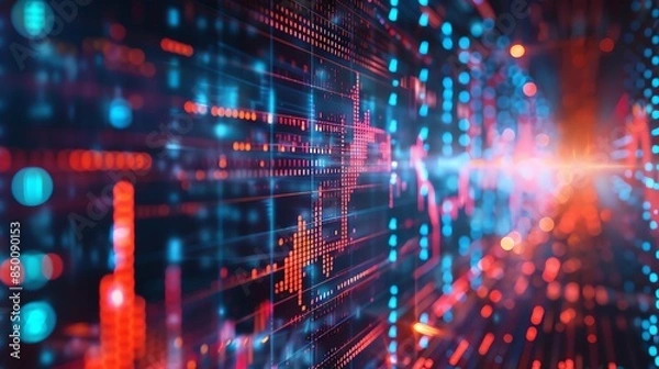 Obraz Abstract digital background with glowing blue and red lines and dots, representing data flow and technology.