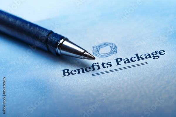Fototapeta A pen rests on a benefits package document, symbolizing important decisions and employee satisfaction. The blue-toned background creates a professional and trustworthy atmosphere