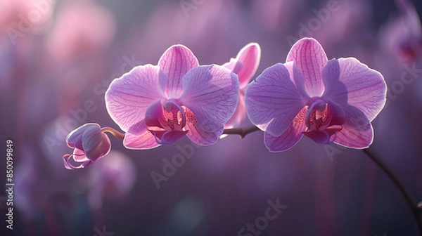Obraz A delicate moth orchid with soft, white petals unfolds its beauty against a gentle lavender background, 