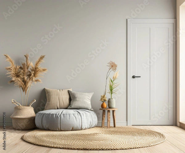 Fototapeta Serene room corner with relaxing ornaments that invite to meditate. Home interior design with zen elements and warm colors.