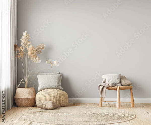 Fototapeta Serene room corner with relaxing ornaments that invite to meditate. Home interior design with zen elements and warm colors.