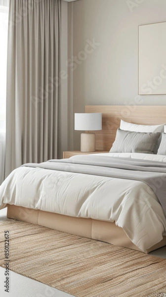 Fototapeta Minimalist modern hotel room in beige tone with natural window lighting. Interiors composition.