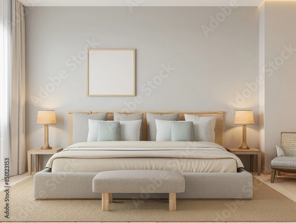 Fototapeta Minimalist modern hotel room in beige tone with natural window lighting. Interiors composition.