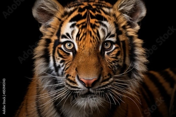 Fototapeta Close up portrait of a large Bengal tiger looking at the camera. The concept of studying this type of wild animal.
