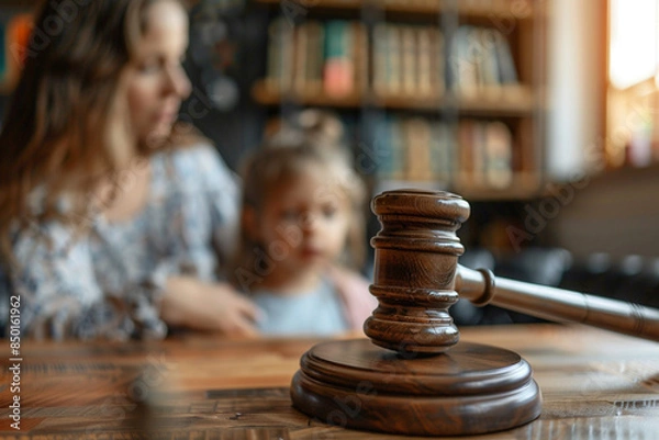 Fototapeta A close-up of a judge's gavel highlights a courtroom scene, with a blurred child in the background, symbolizing the delicate and impactful nature of child custody decisions.